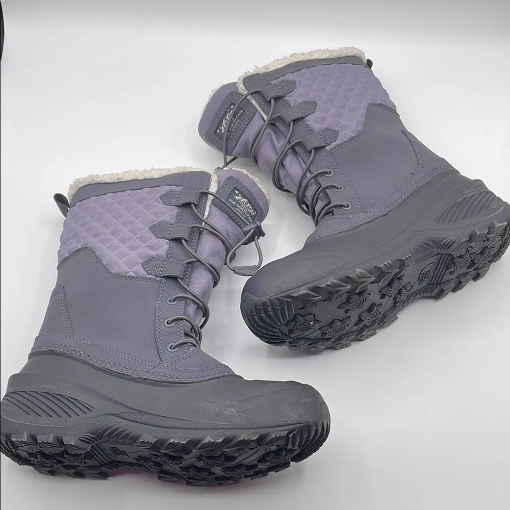 The North Face Gray Purple Winter Boots Waterproof Faux Fur Big Kid Size 5 Warm - Picture 10 of 16
